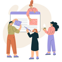 Diverse team collaborating on a digital project with a large computer screen interface and abstract shapes in soft pastel colors illustration style