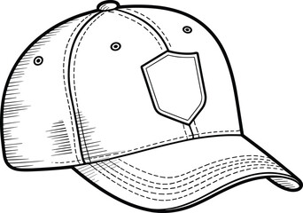 Baseball cap detailed outline, vector drawing, stitched hat illustration, sports accessory sketch, black and white design, blank template, fashion headwear concept
