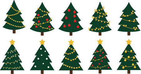 Christmas tree decoration set, festive pine tree icons, holiday ornament collection, cartoon style vector illustration for winter celebration, greeting card design