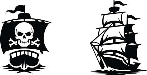 Pirate ship illustration, vintage sailing vessel drawing, nautical adventure artwork, skull and crossbones design, maritime history, ocean exploration graphic