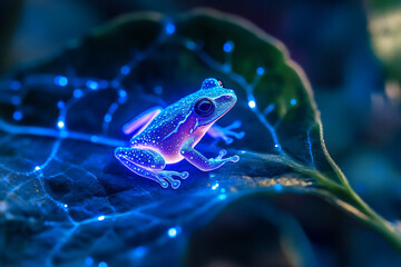 A tiny glowing frog resting on a bioluminescent leaf  