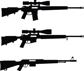Rifle silhouette set, sniper and military guns, black and white vector illustration, firearm collection, tactical weapon design, hunting shooting artwork