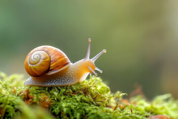 A tiny snail delicately moving over a bed of soft moss