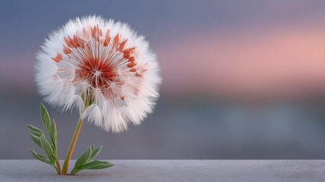 Close Up Of A Delicate White Dandelion Seed Head With Reddish Center Covered In Frost With Green Stem And Leaf Against A Softly Blurred Pastel Sky At Dusk
