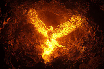 A glowing phoenix rising from the molten depths of an ancient volcano