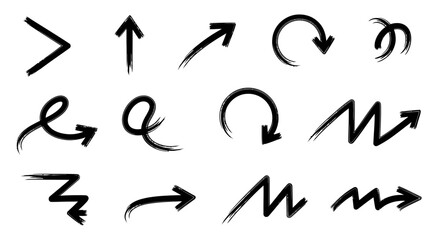 Collection of various hand-drawn black arrows pointing in different directions, isolated.