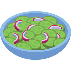 Pixel Art Salad Bowl with Sliced Radishes and Green Vegetables in a Blue Bowl on a Transparent Background