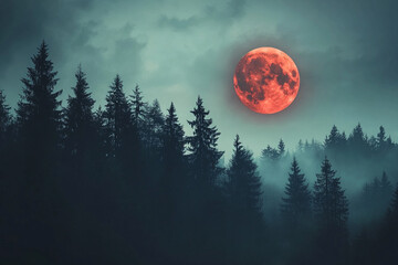 A vibrant red moon shining over a dense pine forest  