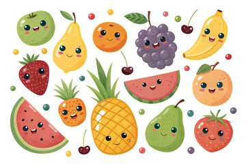 Fototapeta premium Cute cartoon fruit characters vector illustration of happy food isolat
