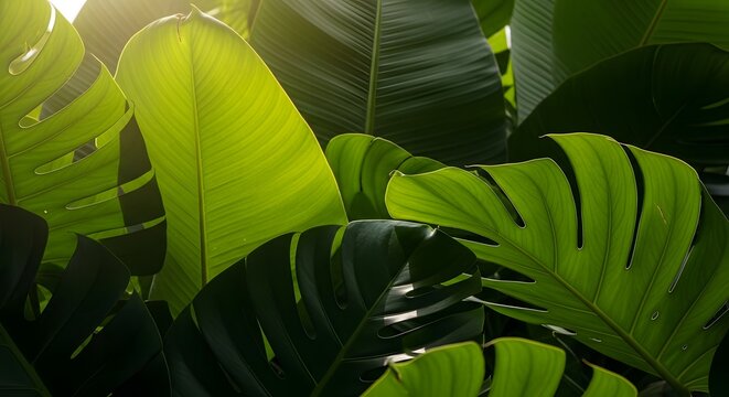 A stunning close-up of various tropical leaves, including monstera and banana, illuminated by golden sunlight filtering through the dense, lush green foliage