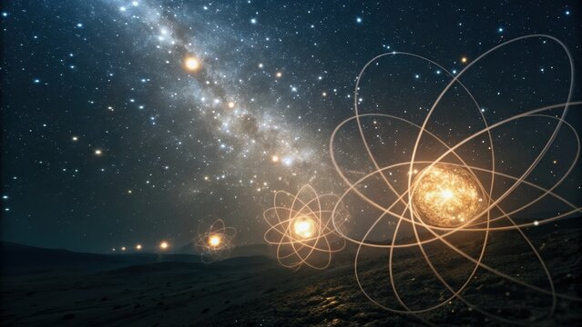 quantum physics concept art Cosmic scene blending stars and atom structures, highlighting the connection between science and the universe.