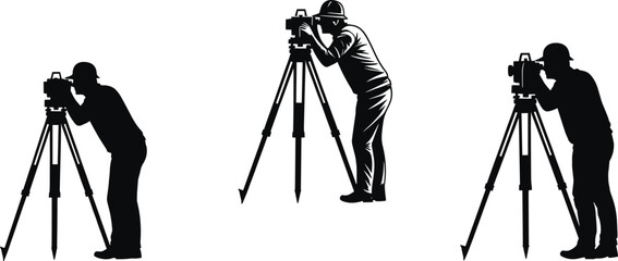 Surveyor silhouettes illustration, land surveying workers, construction engineering clipart, theodolite measurement figures, 