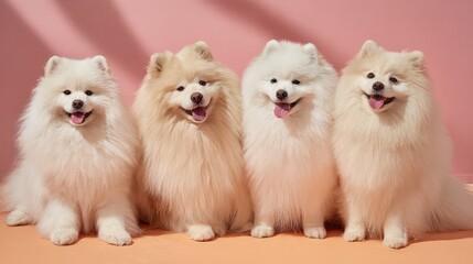 Obraz premium Four Adorable Samoyeds with Fluffy Coats Against a Pink Background