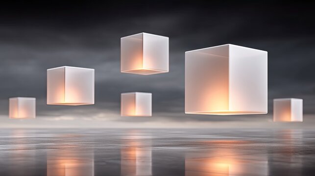 Floating White Cube Lanterns Illuminate a Reflective Surface Under a Moody Cloudy Sky