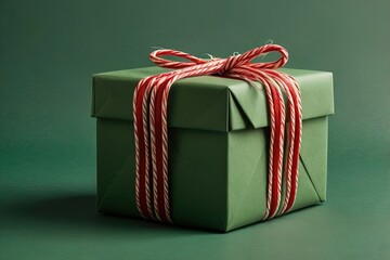 A neatly wrapped green gift with red and white