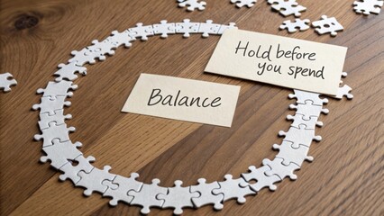 Inspirational Message on Financial Management with Puzzle Pieces on Wooden Table for Promoting Budgeting and Spending Awareness