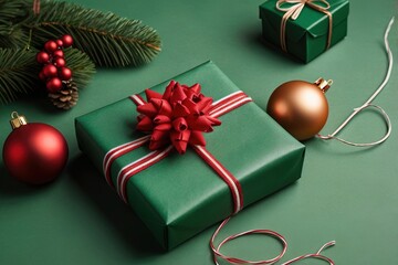 A neatly wrapped green gift with red and white