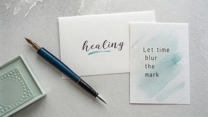 Inspiring calligraphy art featuring healing messages on elegant stationery with fountain pen on a calming gray background