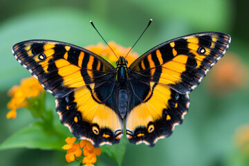 Obraz premium A golden-ringed eye pattern on a butterfly wing in close-up