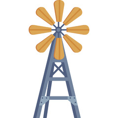 Pixel Art Windmill With Wooden Blades And Blue Metal Structure On A Transparent Background