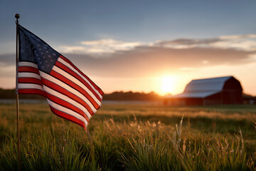A red, white, and blue American flag is flying in a field