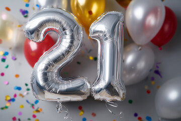 A silver balloon with the number 21 on it is surrounded by colorful confetti