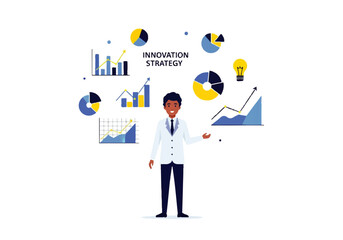 A cartoon illustration of a businessman or professional standing in the center, surrounded by various business graphics, charts, and diagrams in blue and yellow colors.