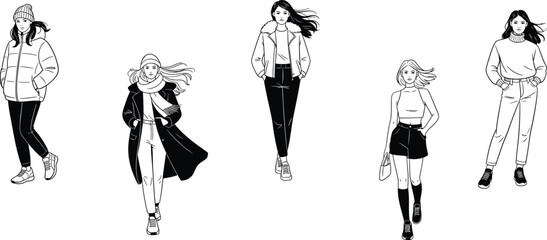 Winter fashion illustration, fall outfit sketches, stylish seasonal clothing design, trendy cold weather apparel drawing, fashionable layered outfits artwork, modern lifestyle fashion illustration