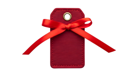 A single red gift tag with a satin ribbon bow, isolated on transparent background