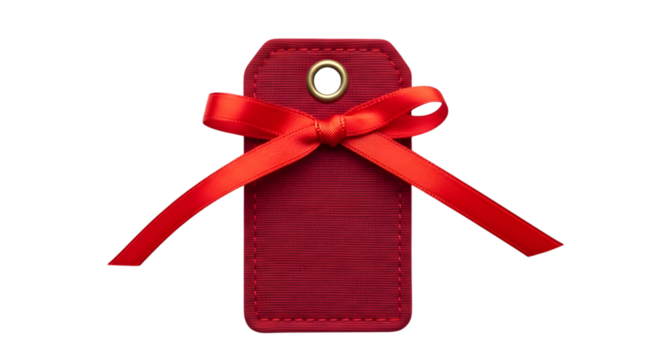 A single red gift tag with a satin ribbon bow, isolated on transparent background