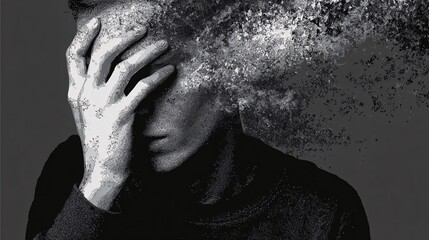 A distressed clay-like face clutches its head with rough hands, eyes hidden