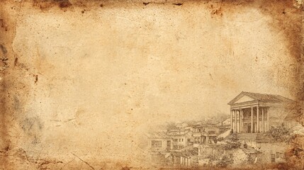 Vintage ink sketch of a grand neoclassical temple with columns and pine trees on aged, stained parchment paper.