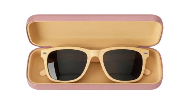 Stylish wooden frame sunglasses resting inside open case for summer fashion advertising and e-commerce. isolated PNG with Transparent Background