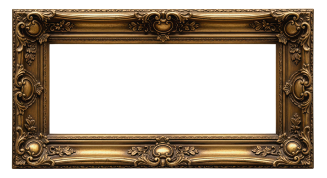 Luxurious ornate panoramic gold picture frame for artwork display or historical design. isolated PNG with Transparent Background