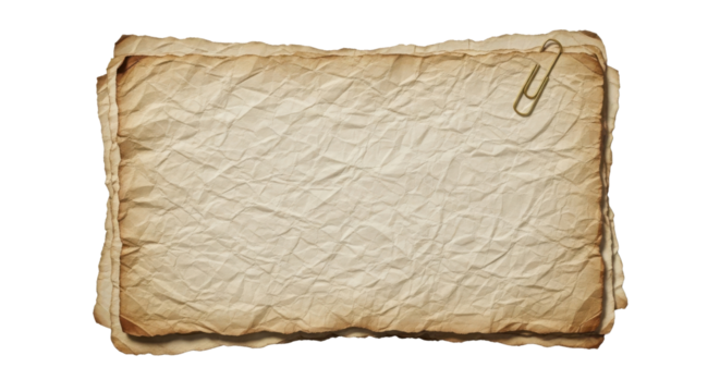 Blank aged vintage parchment paper texture isolated with a paper clip for message or graphic element. isolated PNG with Transparent Background