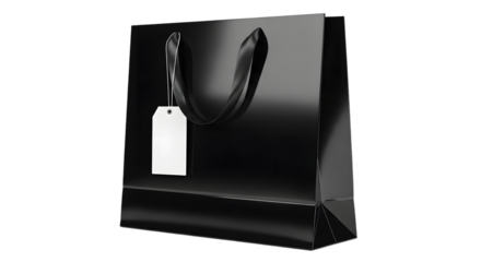 A glossy black shopping bag with a white price tag hanging from its handle, isolated on a transparent background, perfect for retail and luxury branding concepts