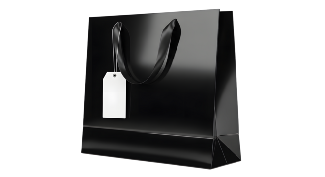 A glossy black shopping bag with a white price tag hanging from its handle, isolated on a transparent background, perfect for retail and luxury branding concepts