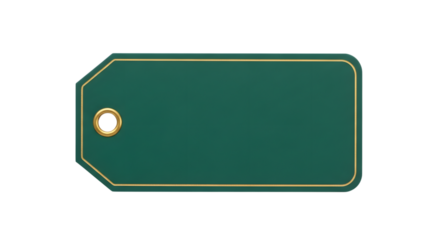 A blank dark green gift tag with a gold border and a single hole for a string, isolated on transparent background