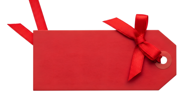 A bright red gift tag with a satin ribbon tied in a bow, isolated on a transparent background, perfect for branding, marketing, or holiday promotions