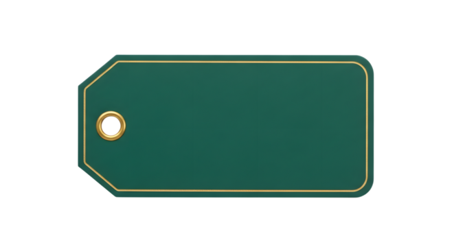 A blank dark green gift tag with a gold border and a single hole for a string, isolated on transparent background
