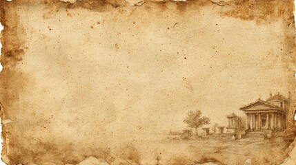 Vintage ink sketch of a grand neoclassical temple with columns and pine trees on aged, stained parchment paper.