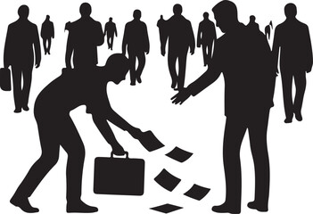 Workplace mishap Silhouette of a person dropping important papers from a briefcase, with a colleague offering help, symbolizing teamwork and support in a busy business environment