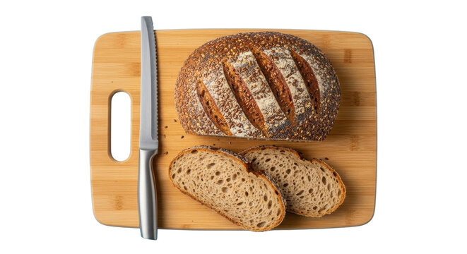 Freshly baked rustic whole grain bread loaf and sliced pieces on a wooden cutting board. isolated PNG with Transparent Background