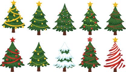 Christmas tree vector set, festive pine tree icons, holiday decoration collection, cartoon style illustration for winter celebration, greeting card, seasonal design