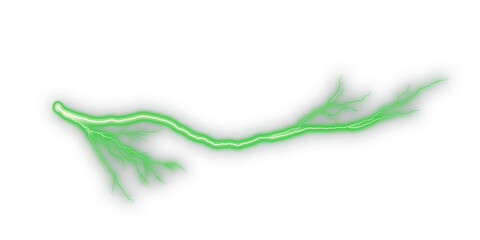 Green electric energy streak with glowing light and smoke effect on white. Abstract lightning bolt line for sci-fi design, motion graphics, and digital art accents. Perfect for overlays, fantasy 