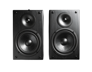 Top-Down Flat Lay of Stereo Speakers with Connected Audio Cables, Minimalist Tech Display, Isolated on Transparent Background PNG (2)