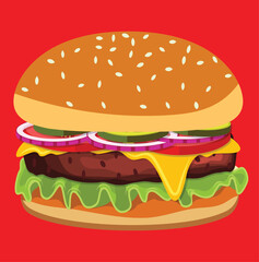 Delicious Cartoon Cheeseburger Illustration with Melted Cheese and Fresh Vegetables on a Red Background, a Classic Fast Food Icon or Menu Item.