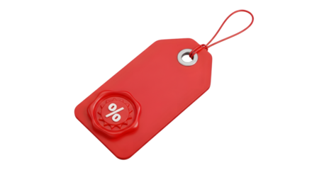 A red sale tag with a wax seal featuring a percentage symbol, isolated on a transparent background, representing discounts and special offers in retail and commerce