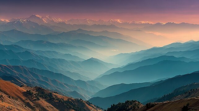 Mountain range landscape with blue hues and a colorful sky at sunset.