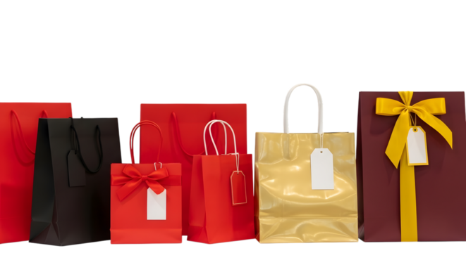 A collection of gift bags and boxes in various sizes and colors, including red, black, and gold, with blank gift tags attached, isolated on transparent background